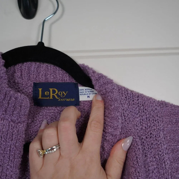 Vintage 80s LeRoy Cardigan Vest Medium Womens Purple Acrylic Open Front - Picture 3 of 4
